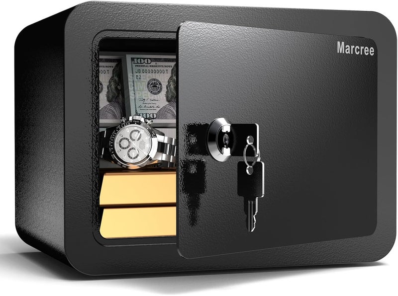 Marcree 0.23 Cub Safe, Small Safe Box with Key, Mini Home Safes for Money, Coin and Cash, Security Safes for Kids, Lock Box for Personal Items, Black, 6.69 x 9.06 x 6.69 Inches - Image 1